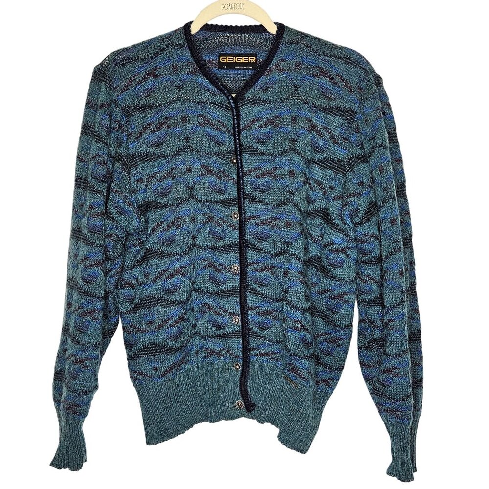 Geiger Womens Austrian Knit Cardigan Sweater‎ 40 M Blue Green Wool Button Front